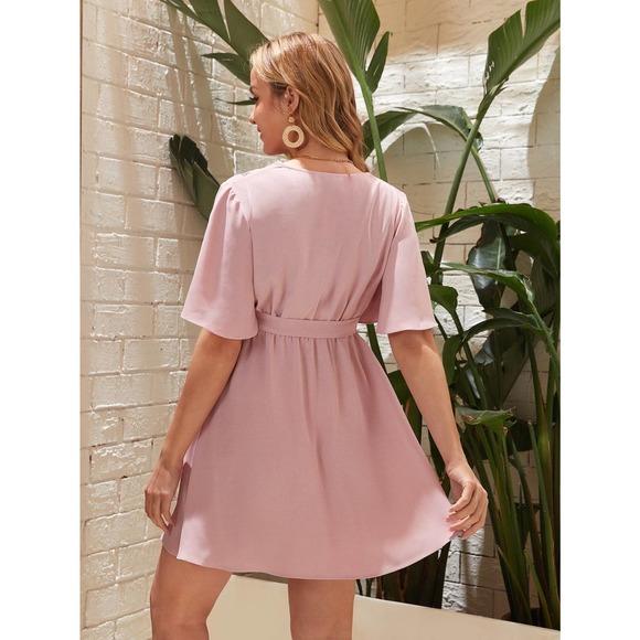 Maternity Contrast Lace v neck short sleeve Belted mini Dress red - Picture 6 of 8